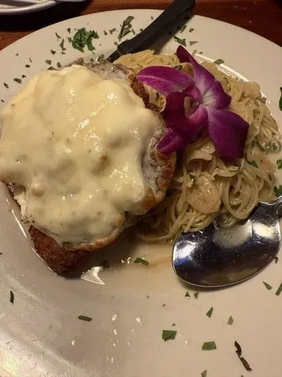 White Chicken Parmesan over Pasta