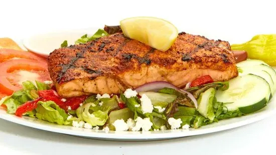 GREEK SALAD w/ GRILLED SALMON