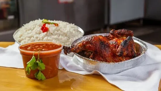 1. Pollo Entero, Arroz, Habichuelas, Ensalada, y 2 Sodas 2-Litros