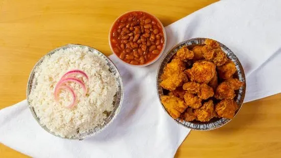 Chicarron de pollo sin hueso ( boneless chicken ) with rice 