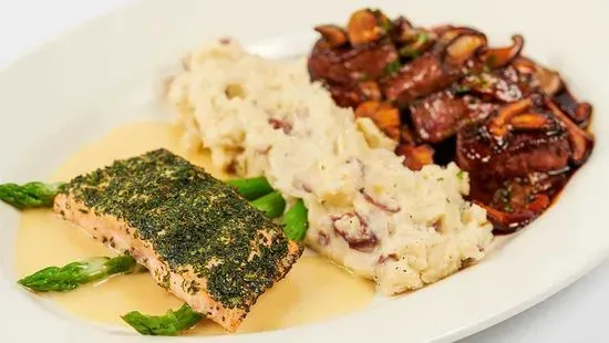 Steak Diane and Herb Crusted Salmon