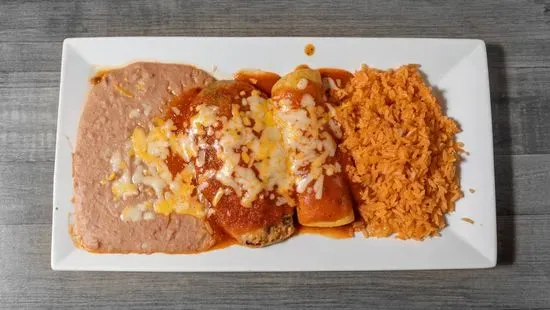 7. One Enchilada, One Chile Relleno Stuffed with Cheese and Beef, Rice and Beans