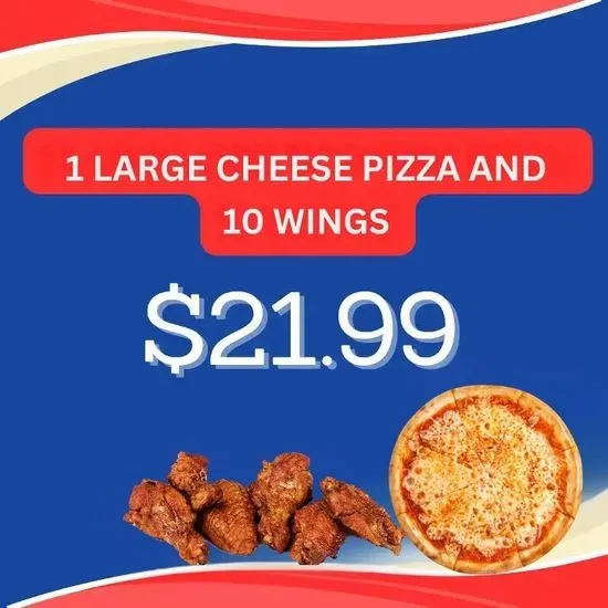 ONE LARGE CHEESE PIZZA + 10 WINGS + 2 Liter Soda