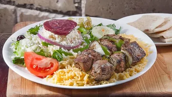 Steak Skewers with Rice & Greek Salad