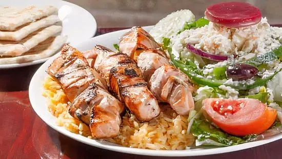 Salmon Skewers with Rice & Greek Salad Dinner