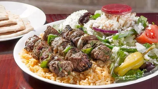 Steak Skewers with Rice & Greek Salad Dinner