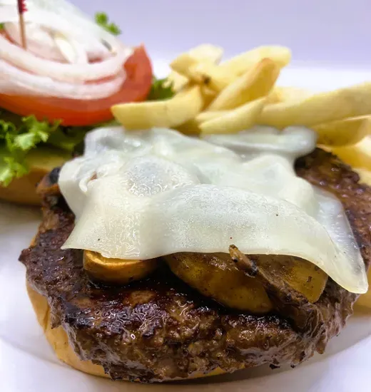 MUSHROOM SWISS BURGER W/ FRIES