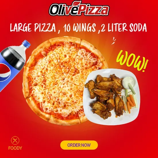 (#8) Large Pizza , 10 Wings , 2Liter Soda