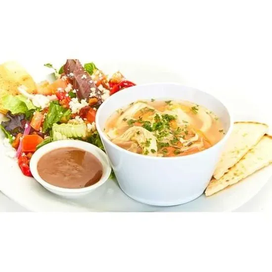 Greek Chicken Lemon Soup w/ Mediterranean Salad