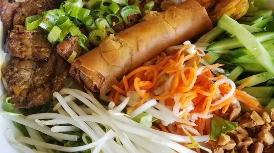 40. Cold Vermicelli with Shredded Pork, BBQ Porks and Spring Rolls (Bún Bì Chả Giò Thịt Nướng)