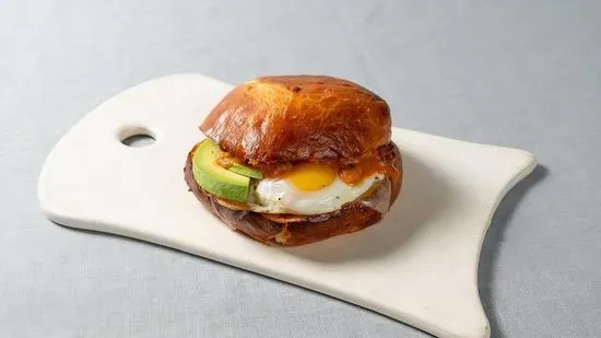 Cheddar, Avocado & Tomato-Pepper Jam Breakfast Sandwich