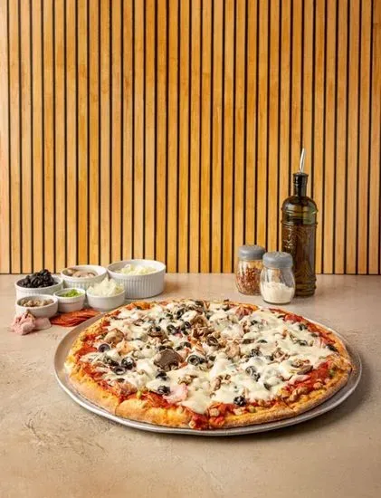 Classic Pizza 54 Pizza's EBA (Everything But Anchovies. Onion, Green Pepper, Pepperoni, Ham, Mushrooms, Black Olives, Sausage & Extra Cheese)