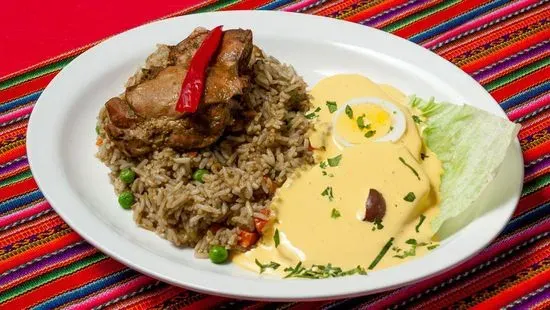 Arroz con Pollo y Papa a la Huancaina