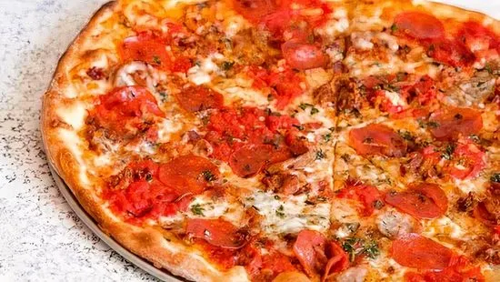 Large Double Dough Pulled Pork, Pepperoni, Bacon & Sausage