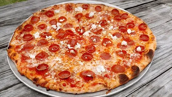 Large Double Dough Hot Honey, Cup & Char Pepperoni & Goat Cheese