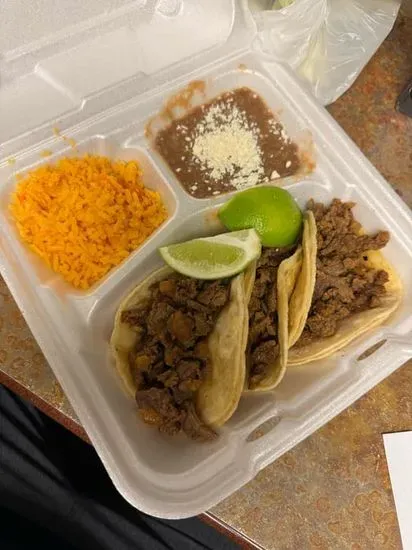 3 tacos, beans and rice