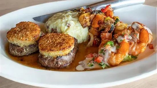 Parmesan-Crusted Filet Medallions* &  Drunken Shrimp