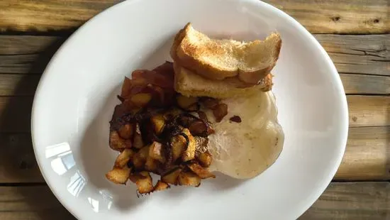 2 Eggs with Choice of Bacon or Sausage, with Tatters & Toast