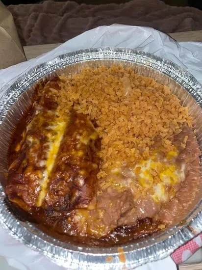 5. Two Chicken Enchiladas, Rice & Beans