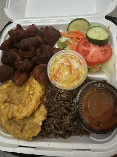 Griot Konple / Fried Pork, Rice & Beans, Plantains