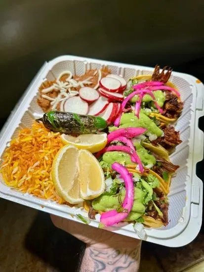 Taco Platter w/Rice & Beans (4) Street Tacos De Asada