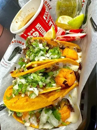 Quesa Birria y shrimp tacos