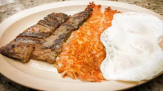 1/2 Lb Skirt Steak, 3 Eggs, Hash Browns, Toast, Butter & Jelly