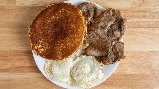 2 Pancakes, 2 Eggs Any Style & T-Bone