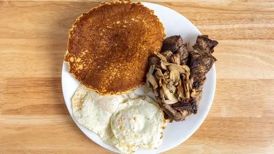 2 Pancakes, 2 Eggs Any Style & Skirt Steak