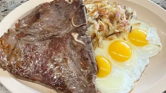 1 Lb T-Bone, 3 Eggs, Hash Browns, Toast, Butter & Jelly