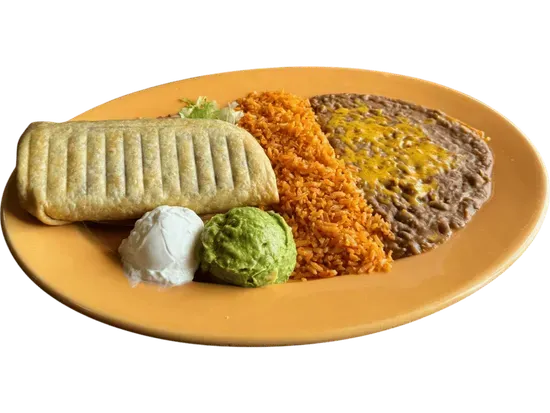 7. Chicken or Shredded Beef Chimichanga with Sour Cream and Guacamole