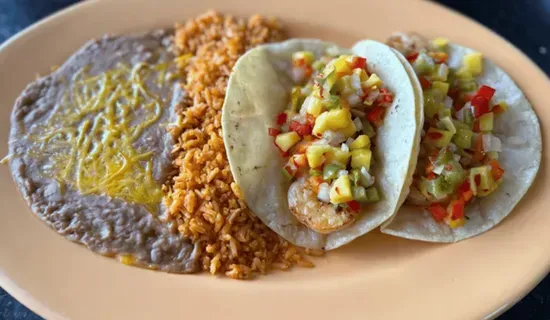 2 Shrimp Tacos with Beans and Rice