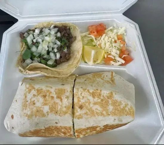 Steak burrito and taco combo 