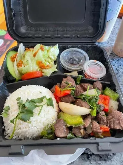 Rice Plate with Shaky Beef (Com Bo Luc Lac)