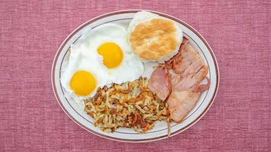 2 Eggs, Hash Browns, one Breakfast Meat and toast Breakfast made simple