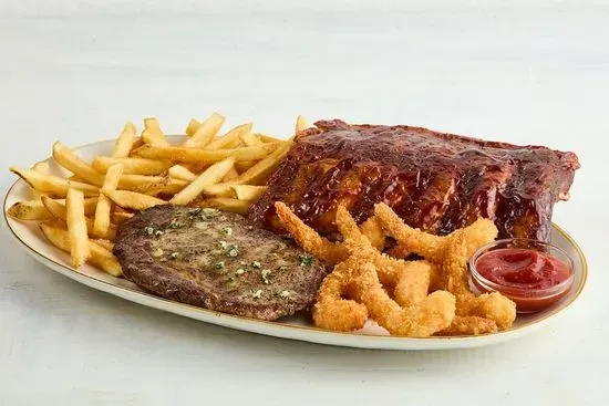 Rib Eye*, Ribs, and Crispy Shrimp