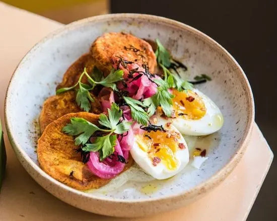 Roasted Yams/Egg/Seeded Spread/Pickles