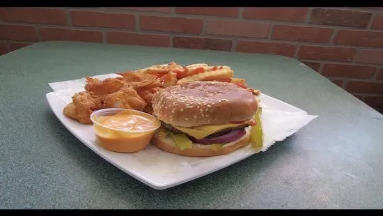 Quarter pound black angus burger , 5 jumbo shrimp , fries and drink