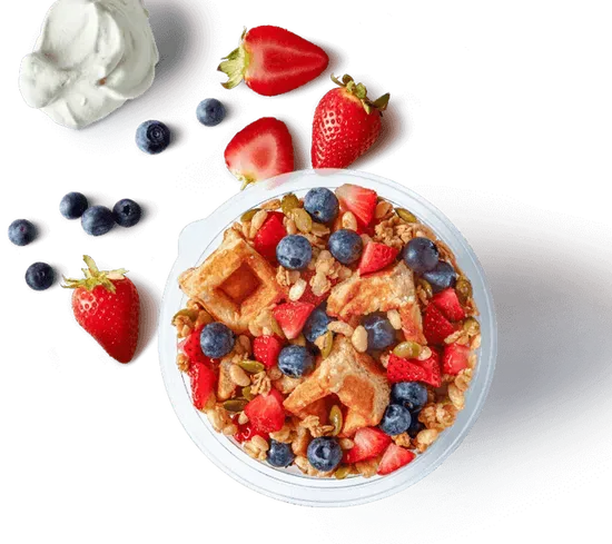 greek yogurt strawberry blueberry waffle bowl