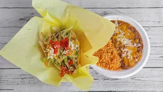 Combo #3 Two Beef Tacos, Rice, Beans and Drink