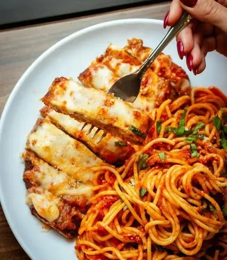 Chicken Parmigiana Over Linguine