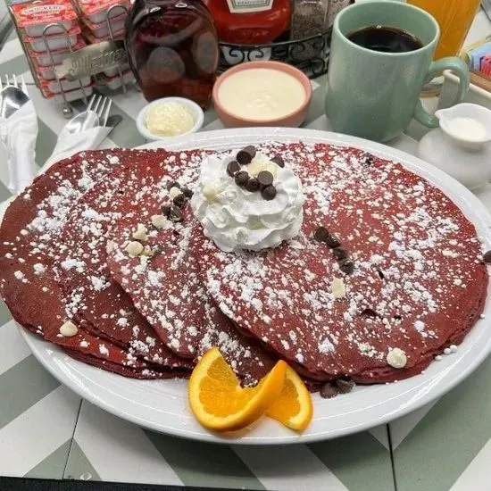 Red Velvet Chocolate Chip Pancakes