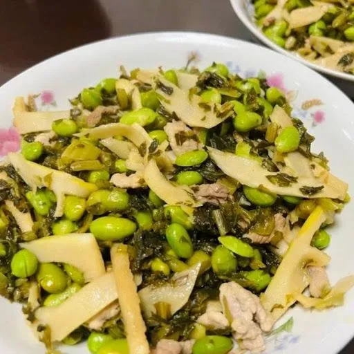 Pickled Vegetable Shredded Pork Edamame Noodle Topping