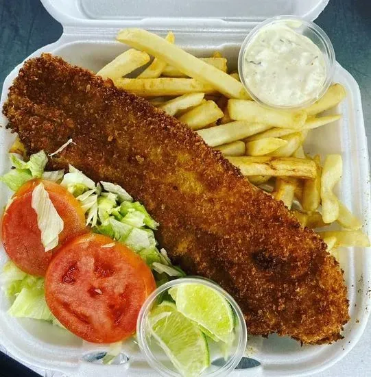 Swaii Fish filet breaded  with Fries and Salad