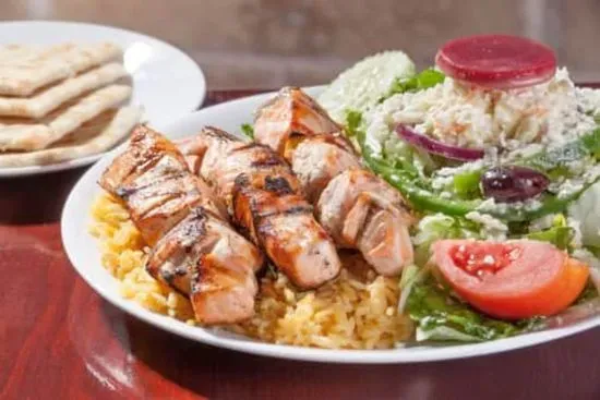 Salmon Skewers with Rice & Greek Salad Dinner