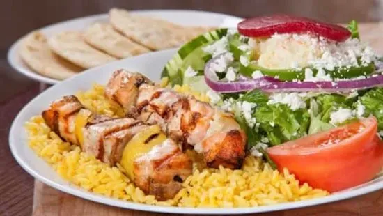 Salmon Skewers with Rice & Greek Salad