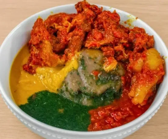 Amala,gbegiri and ewedu with assorted 