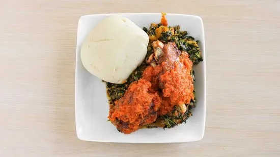 Efo riro/ vegetables soup with poundo and meat 