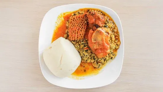 Egusi with poundo and meat, fish or assorted 