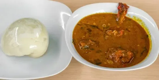 Ogbono soup with poundo and meat,  fish or assorted or chicken 